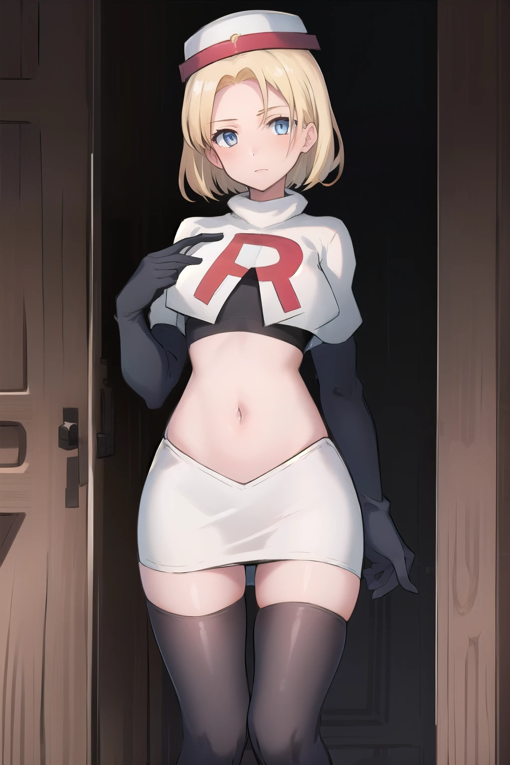 best quality, (masterpiece:1.2), illustration, absurdres, (1girl, solo, beautiful detailed girl),
 Theresia Caroline, short hair, blonde hair, blue eyes, medium breasts,
garrison cap, team rocket,team rocket uniform,white skirt,red letter R,crop top,black thigh-highs,black elbow gloves,
looking at viewer,