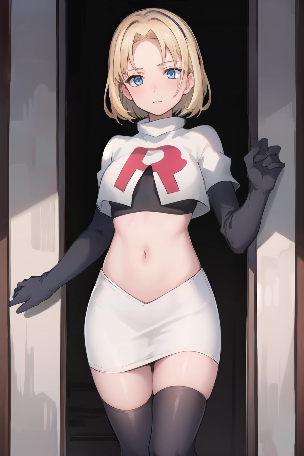 best quality, (masterpiece:1.2), illustration, absurdres, (1girl, solo, beautiful detailed girl),
 Theresia Caroline, short hair, blonde hair, blue eyes, medium breasts,
garrison cap, team rocket,team rocket uniform,white skirt,red letter R,crop top,black thigh-highs,black elbow gloves,
looking at viewer,