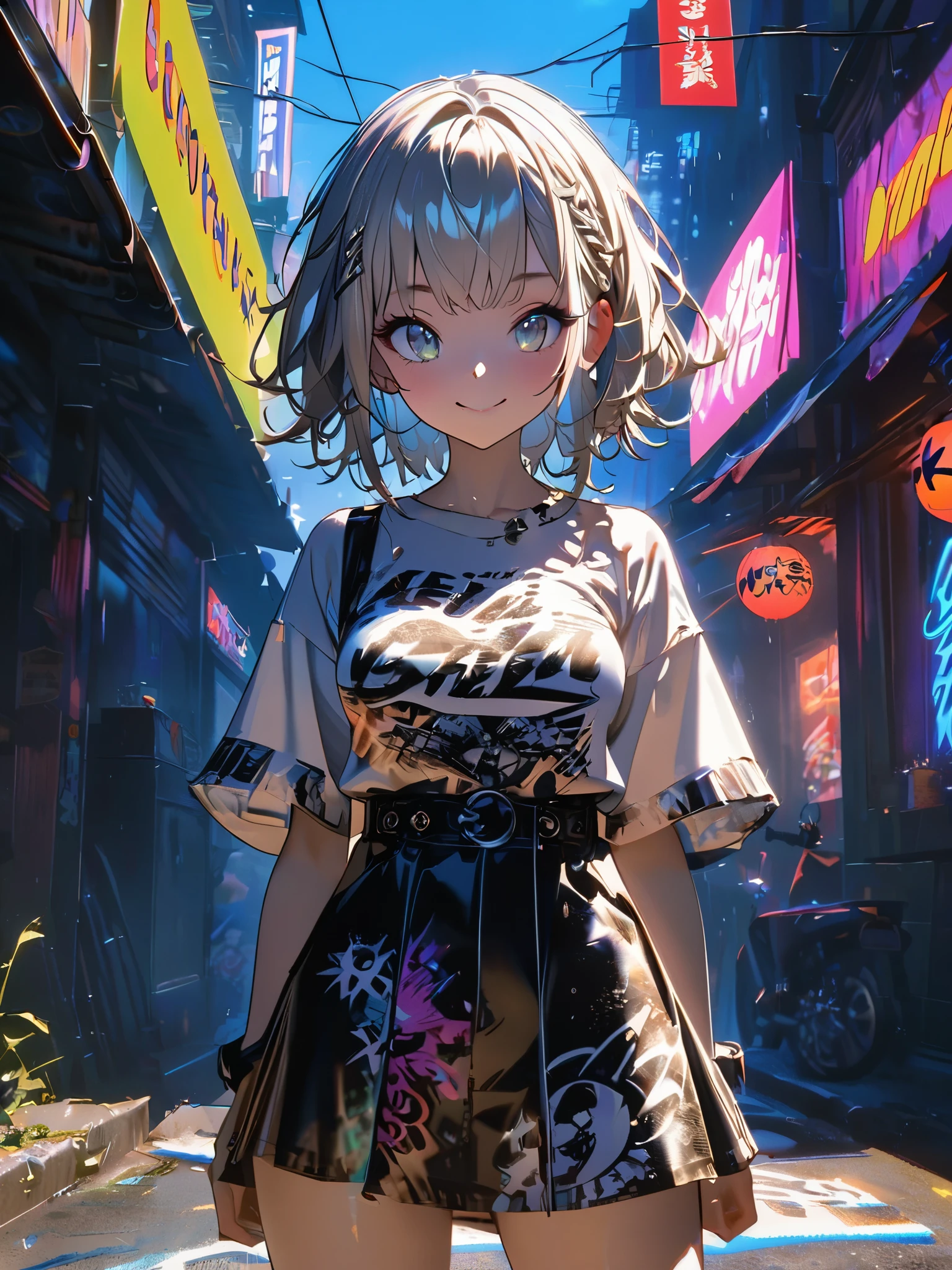 1 person, chromatic aberration, Written boundary depth, Soft Light, masterpiece, Highest quality, complicated, Tone Mapping, A place where fireworks are set off at festivals. Concept Art, Smooth, Clear focus, Dramatic lighting, Very cinematic, super practical painting, アートステーション's trending, 8k, Incredible Shadows, practical,  whole body, View, Viewers, Portrait of a Girl 1, standing on street corner, Heavy rain and lightning、Dark Sky, neon and cyber punk background, she is dressed in punk clothing with silver chains and silver spikes, sheの髪は明るい茶色に染められていた.......................Ominous aura of light, smile, punk, ciber punk, Backlight.Fashionable clothes、Friendly dress code: she、sheは、sheはかわいい青いオープンバックのビキニとショートパンツを着ています.。.。...My breasts are a little big.sexy