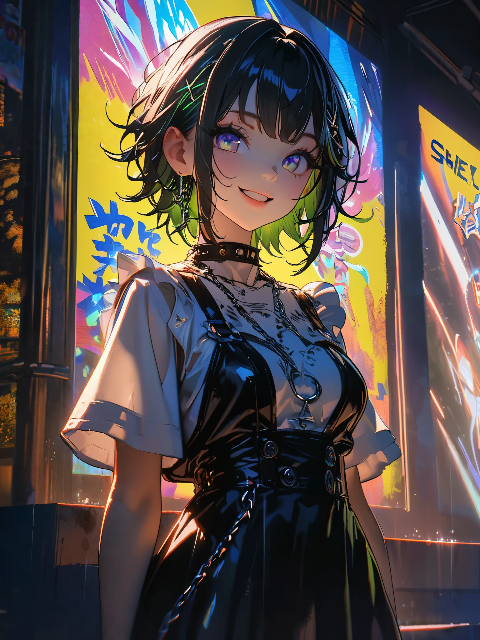 1 person, chromatic aberration, Written boundary depth, Soft Light, masterpiece, Highest quality, complicated, Tone Mapping, A place where fireworks are set off at festivals. Concept Art, Smooth, Clear focus, Dramatic lighting, Very cinematic, super practical painting, アートステーション's trending, 8k, Incredible Shadows, practical, whole body, View, Viewers, Portrait of a Girl 1, standing on street corner, Heavy rain and lightning、Dark Sky, neon and cyber punk background, she is dressed in punk clothing with silver chains and silver spikes, sheの髪は明るい茶色に染められていた.......................Ominous aura of light, smile, punk, ciber punk, Backlight.Fashionable clothes、Friendly dress code: she、sheは、sheはかわいい青いオープンバックのビキニとショートパンツを着ています.。.。...My breasts are a little big.sexy