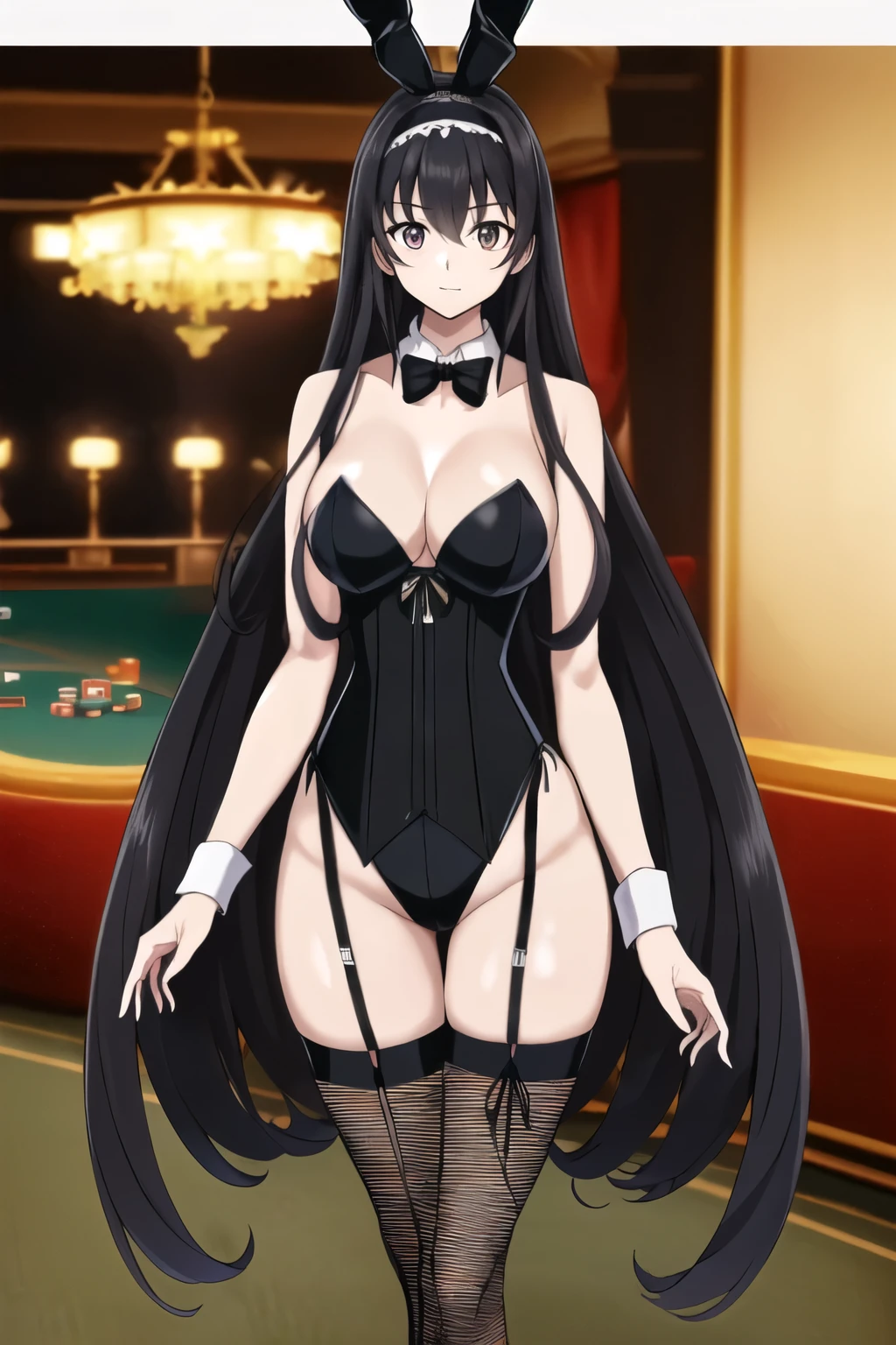 black_hair,length_hair,green_eye,前hair, hairband, (((casino))), (((Fishnet tights, black corset, high leg, black Bunny suit, black bustier, bow tie))), , 1 person, 20-year-old,young woman,beautiful,beautiful length legs,beautiful body,beautiful hip,beautiful character design, perfect eye, perfect face,expressive eye, Center the image,(Light_笑face:0.5), Official Art,Very detailed CG ユニティ 8k 壁紙, perfect Lighting,Glowing Skin, (masterpiece:1.0),(Highest_quality:1.0), 超High resolution,4K,Very detailed, 8k, High resolution, High resolution, Absurd:1.2, 400 for Kodak Port, Film Grain, (beautiful,big_chest:1.0), (beautiful_face:1.5),(narrow_Waist)(Long and thin_foot) 