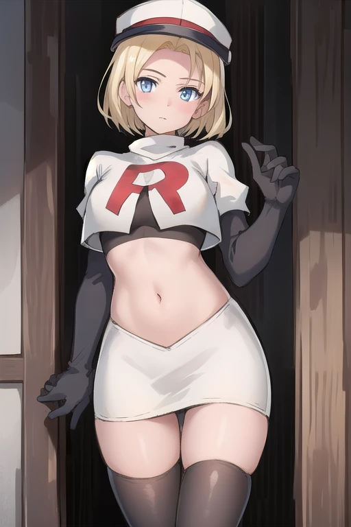 best quality, (masterpiece:1.2), illustration, absurdres, (1girl, solo, beautiful detailed girl),
 Theresia Caroline, short hair, blonde hair, blue eyes, medium breasts,
garrison cap, team rocket,team rocket uniform,white skirt,red letter R,crop top,black thigh-highs,black elbow gloves,
looking at viewer,