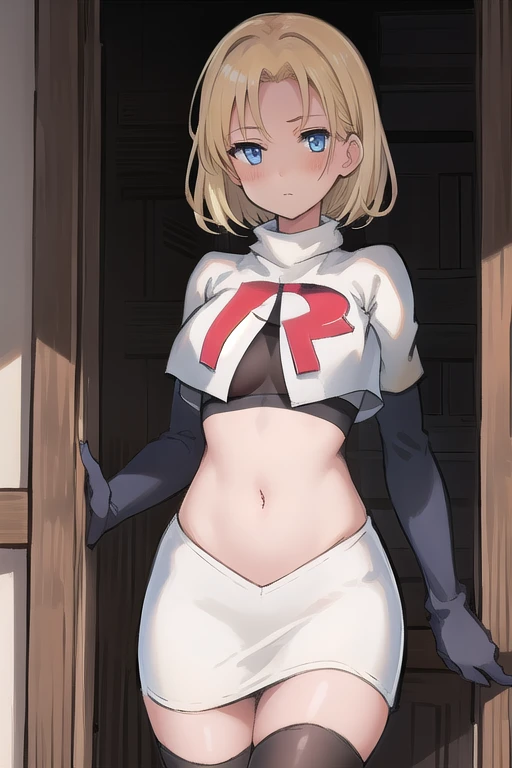 best quality, (masterpiece:1.2), illustration, absurdres, (1girl, solo, beautiful detailed girl),
 Theresia Caroline, short hair, blonde hair, blue eyes, medium breasts,
garrison cap, team rocket,team rocket uniform,white skirt,red letter R,crop top,black thigh-highs,black elbow gloves,
looking at viewer,