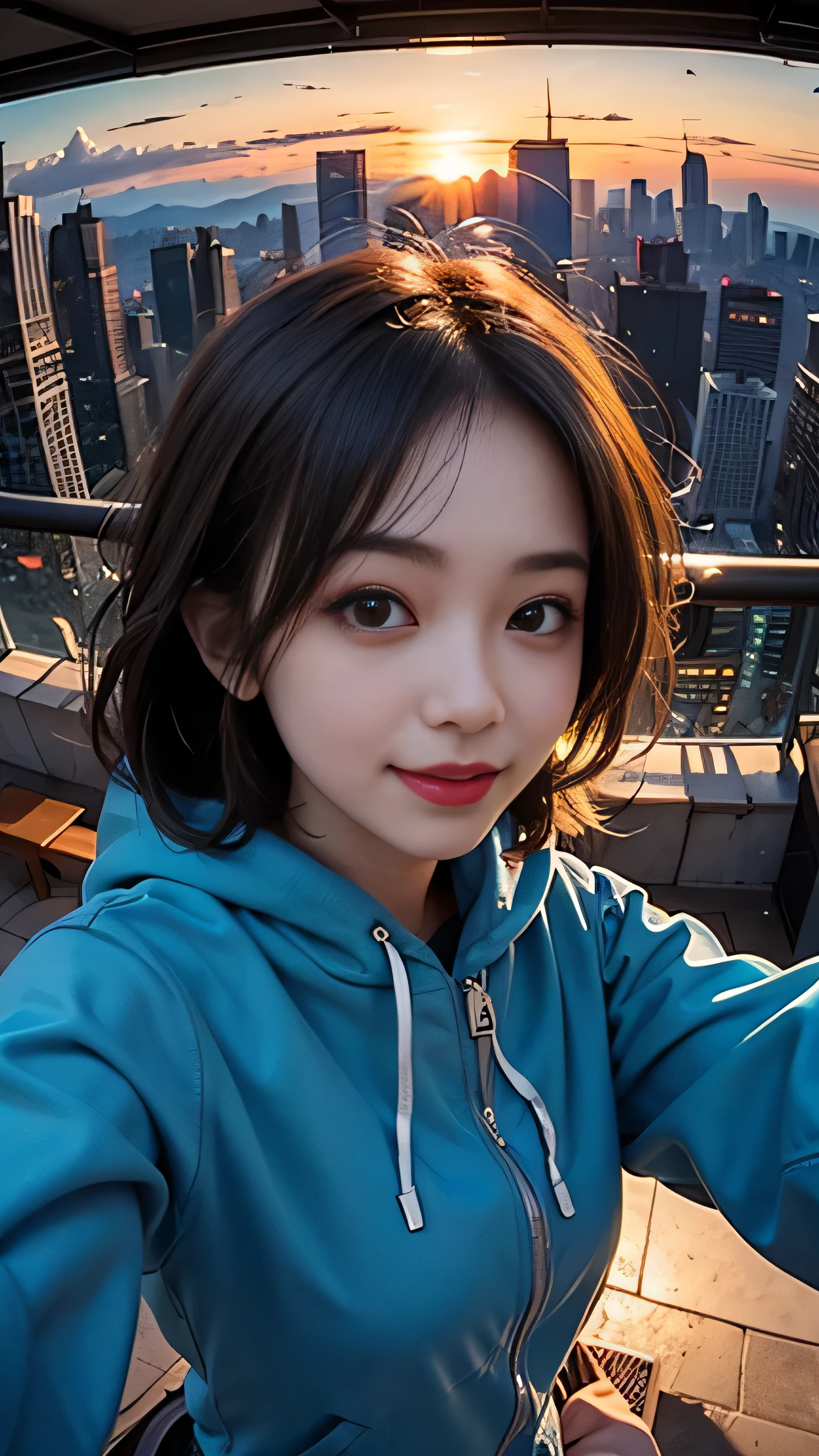 One girl, Korean, Fisheye Lens, Selfie, Wind, Messy Hair, sunset, Cityscape, (Aesthetics and atmosphere:1.2),smile