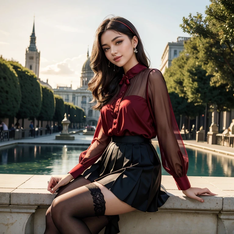 (masterpiece, best quality:1.5), highest quality, High resolution, super detailed, Realists, Upper body photo of a 22 year old woman with black hair, detailed and beautiful eyes, beautiful detailed lips, very detailed eyes and face, longeyelashes, A 22 year old woman in a long-sleeved chiffon shirt and a pleated skirt with stockings, Beautiful and colorful makeup, elegant and noble々Pose,shiny satin headband,, City as background, bright daylight, bright colors, fine brushstrokes, Portrait style, beautiful color palette, glowing skin, First-class rendering, that captures every detail, enchanting atmosphere, (perfect anatomy:1.2), (The stunning woman is wearing a red chiffon shirt and a black satin pleated skirt.. She smiles flirtatiously., She's sitting on the fountain showing off her figure (magnificent panorama view:1.2)