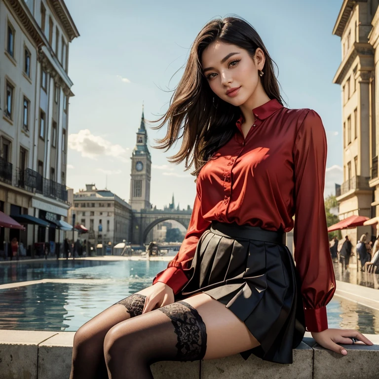 (masterpiece, best quality:1.5), highest quality, High resolution, super detailed, Realists, Upper body photo of a 22 year old woman with black hair, detailed and beautiful eyes, beautiful detailed lips, very detailed eyes and face, longeyelashes, A 22 year old woman in a long-sleeved chiffon shirt and a pleated skirt with stockings, Beautiful and colorful makeup, elegant and noble々Pose,shiny satin headband,, City as background, bright daylight, bright colors, fine brushstrokes, Portrait style, beautiful color palette, glowing skin, First-class rendering, that captures every detail, enchanting atmosphere, (perfect anatomy:1.2), (The stunning woman is wearing a red chiffon shirt and a black satin pleated skirt.. She smiles flirtatiously., She's sitting on the fountain showing off her figure (magnificent panorama view:1.2)