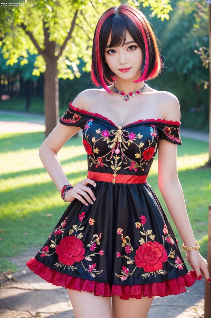 (masterpiece:1.4), (best quality:1.4), ultra high res, ultra high resolution, ((detailed facial features)), HDR, (realistic, photorealistic, photo-realistic:1.37), full body Esbian, sexy swedish model, (-anime), only 1 model, vivid colors, ((vivid colors multicolor very short hair)), sexy smile, lipgloss, long lashes, defined eyebrows, wearing large sparkling colorful jewelery, wearing a red silk Paradise Kiss cosplay dress with black floral embroidery, ((vivid colors outfit)), vivid colors, look at the camera, cinematic light, large park background with trees, sweet and sexy pose