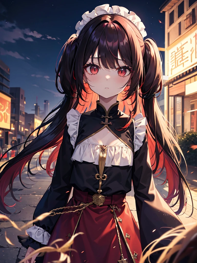 One person, Long Hair, bangs, Patsun,重めbangs,Twin tails,
The chest is a little,Red Hair,magic少女,Ruined Building Background,Expressionless
Cold expression,Dark Sky,Voluminous frilled clothing,Decoration on hair,magic,
Overall, it gives off a dark impression.,Straight face,force