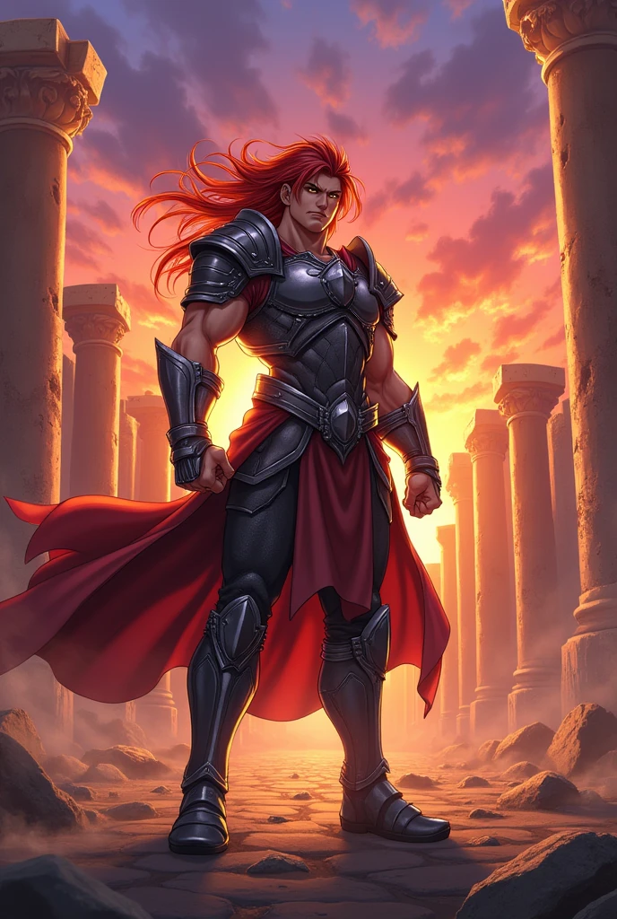 Anime character in a fighting location, he must have light eyes and red hair, wearing armor and being muscular