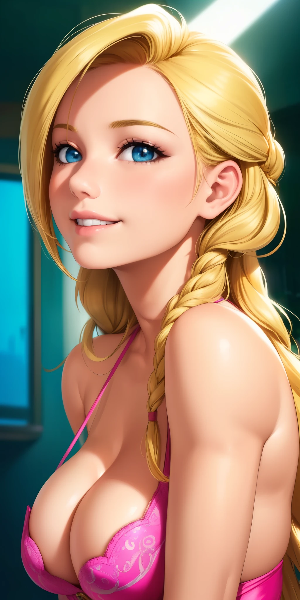 (best quality, ultra-detailed, photorealistic: 1.39), bright and vibrant colors, studio lighting, romantic expression, love smile, Beautiful blonder hair, long braided hair, muy voluptuosa, , medium breast, cleavage