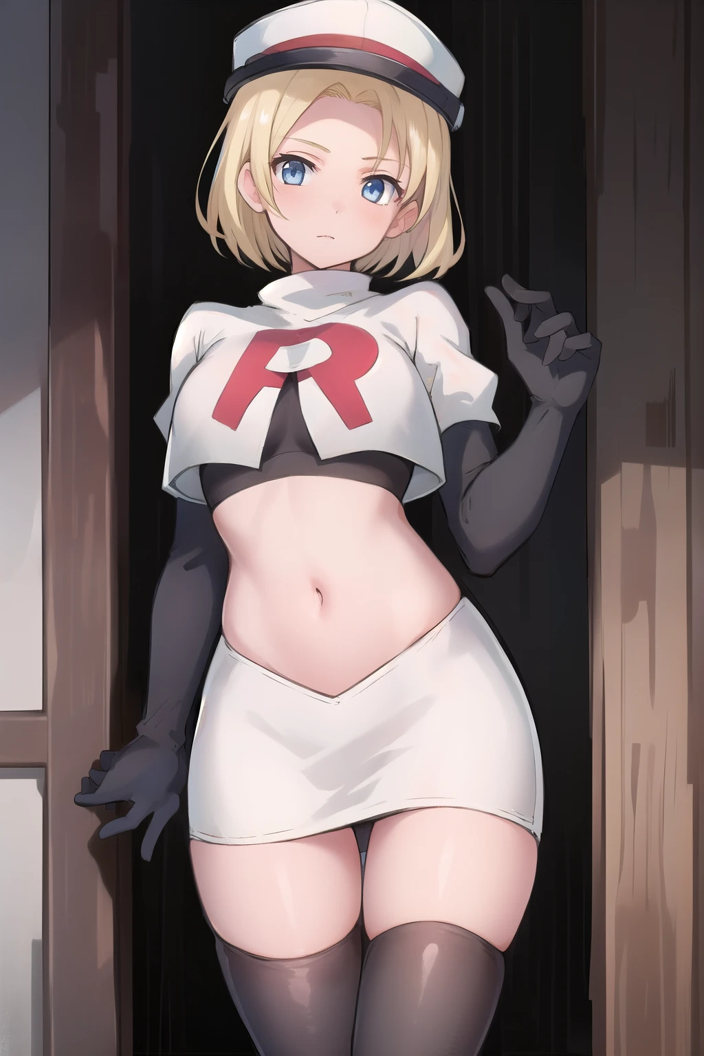 best quality, (masterpiece:1.2), illustration, absurdres, (1girl, solo, beautiful detailed girl),
 Theresia Caroline, short hair, blonde hair, blue eyes, medium breasts,
garrison cap, team rocket,team rocket uniform,white skirt,red letter R,crop top,black thigh-highs,black elbow gloves,
looking at viewer,