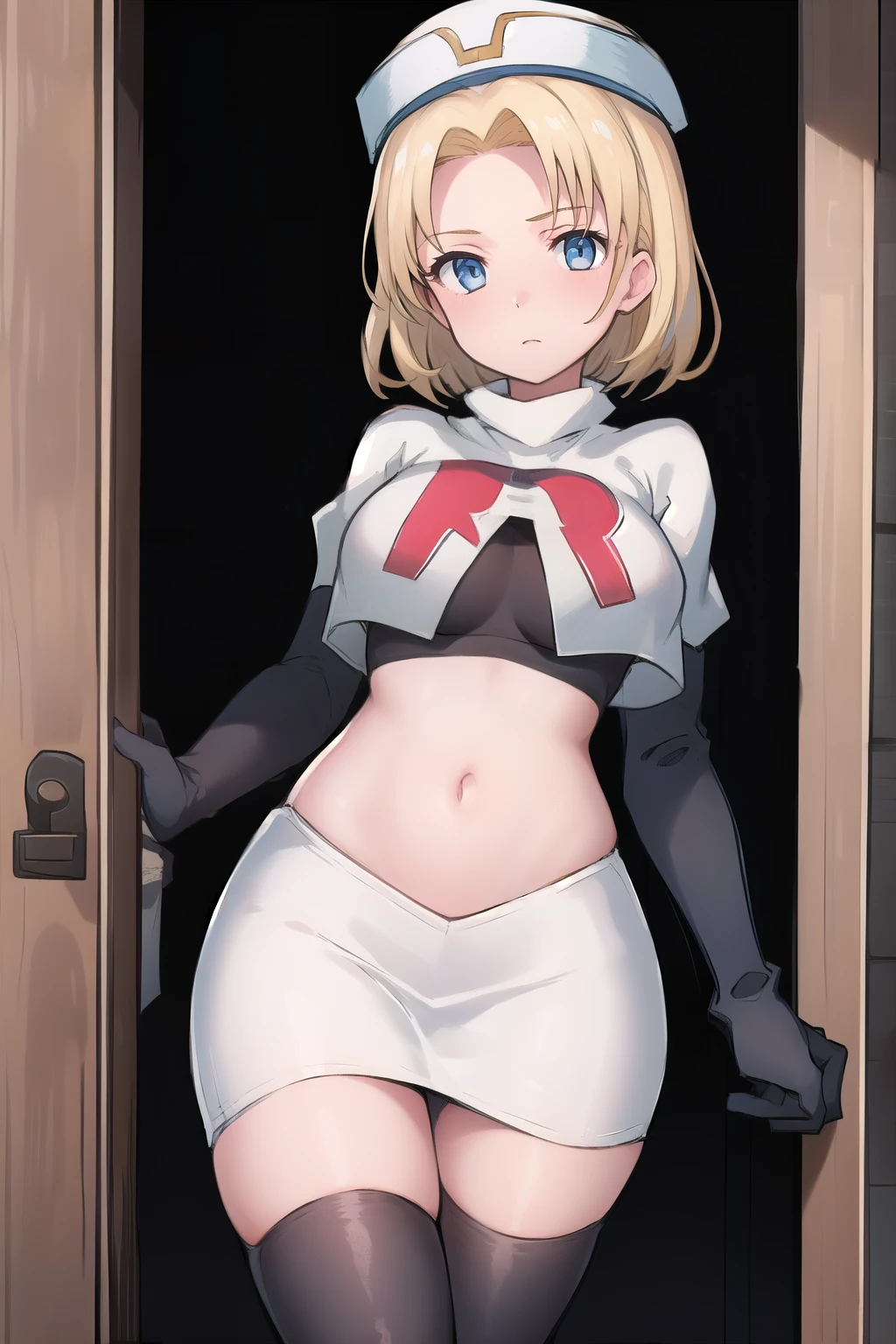 best quality, (masterpiece:1.2), illustration, absurdres, (1girl, solo, beautiful detailed girl),
 Theresia Caroline, short hair, blonde hair, blue eyes, medium breasts,
garrison cap, team rocket,team rocket uniform,white skirt,red letter R,crop top,black thigh-highs,black elbow gloves,
looking at viewer,