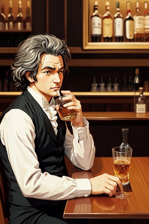 4K.low quality:2.anime style ultra-high-resolution illustrations super fine illustration Beethoven drinking whiskey in the bar.painting.sketch.flat color