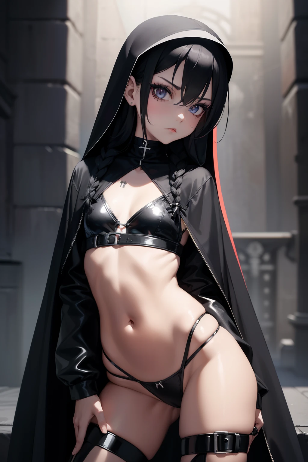 Ultra realistic   girl 8 ,    body  , long black hair frinje braided , nun ,  seios  planos  , pantie , garterbelt  meias  longas , menacing  face , sexy  ,  dungeon  .standing 