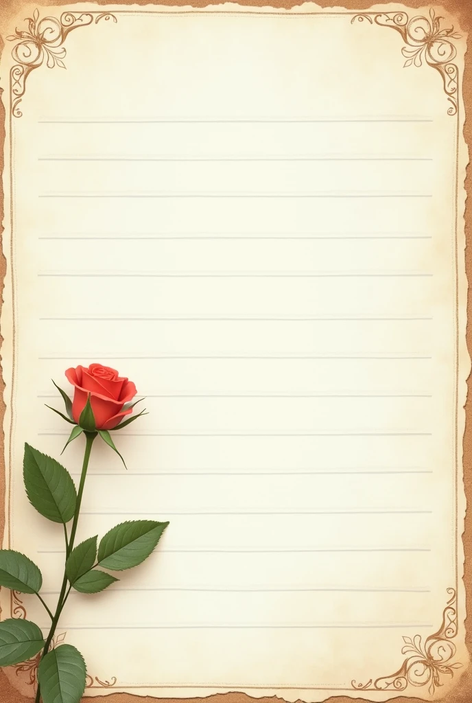 Letter paper with line is just a very beautiful rose with stem, paper in a white tone, consistent and brown homogeneous, with details as if it were an old letter, I REPEAT WITH FINE LINES TO WRITE OVER


