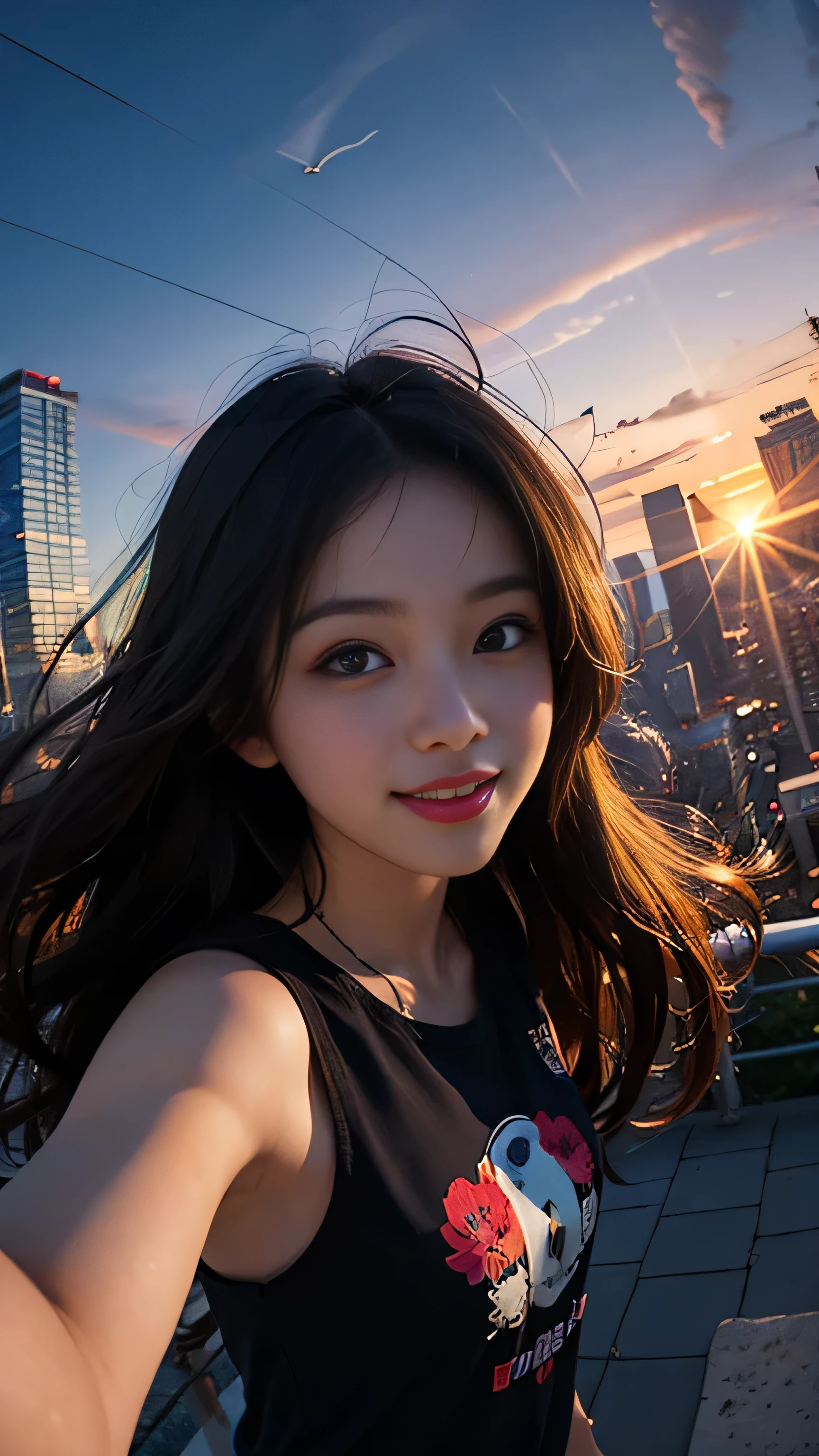 One girl, Korean, Fisheye Lens, Selfie, Wind, Messy Hair, sunset, Cityscape, (Aesthetics and atmosphere:1.2),smile