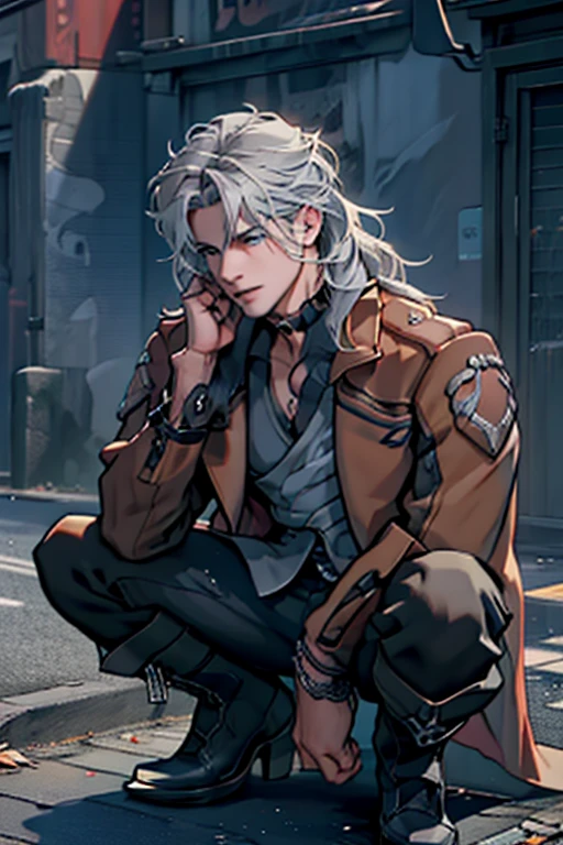 Young Man with Gray Hair: Long hair, Gray-haired, that he often wears loose, falling in messy strands to his shoulders. This style gives him a mysterious and wild air.
eyes: His original eye color is a deep red, but to hide his identity, he wears blue contact lenses. These artificial blue eyes, along with his gray hair, give him an imposing and calculating look.
fur: His skin has darkened slightly over the years due to constant sun exposure and the harsh living conditions on the streets, giving him a tanned hue.
CLOTHES: He prefers to dress practically and in dark colors, like worn leather jackets, black shirts and boots. His style reflects both his tough life and his readiness for combat.
Distinctive Details: A small scar above his left eyebrow and a silver chain around his neck that belonged to his father. His combination of gray hair, blue eyes and tanned skin give him an imposing and unique look.