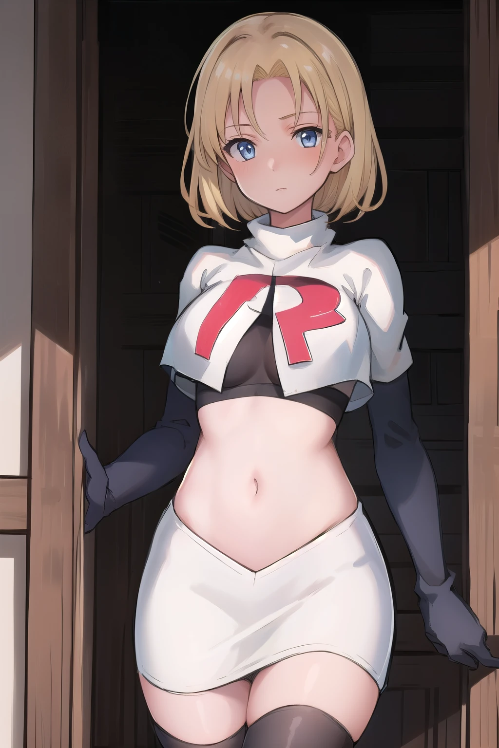 best quality, (masterpiece:1.2), illustration, absurdres, (1girl, solo, beautiful detailed girl),
 Theresia Caroline, short hair, blonde hair, blue eyes, medium breasts,
garrison cap, team rocket,team rocket uniform,white skirt,red letter R,crop top,black thigh-highs,black elbow gloves,
looking at viewer,