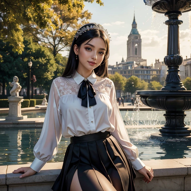 (​masterpiece, best quality:1.5), highest quality, High resolution, super detailed, Realists, Upper body photo of a 22 year old woman with black hair, detailed and beautiful eyes, beautiful detailed lips, very detailed eyes and face, longeyelashes, A 22 year old woman in a long-sleeved chiffon shirt and a pleated skirt with stockings, Beautiful and colorful makeup, elegant and noble々Pose,shiny satin headband,, City as background, bright daylight, bright colors, fine brushstrokes, Portrait style, beautiful color palette, glowing skin, First-class rendering, that captures every detail, enchanting atmosphere, (perfect anatomy:1.2), (The breathtaking woman is wearing a chiffon blouse and a satin pleated skirt... She smiles flirtatiously., She's sitting on the fountain showing off her figure (magnificent panorama view:1.2)