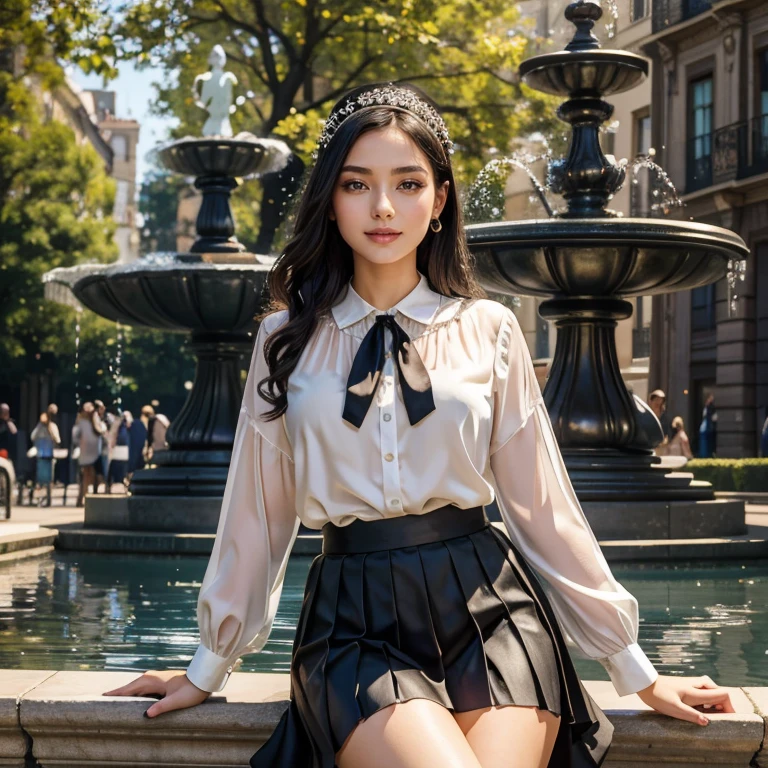 (masterpiece, best quality:1.5), highest quality, High resolution, super detailed, Realists, Upper body photo of a 22 year old woman with black hair, detailed and beautiful eyes, beautiful detailed lips, very detailed eyes and face, longeyelashes, A 22 year old woman in a long-sleeved chiffon shirt and a pleated skirt with stockings, Beautiful and colorful makeup, elegant and noble々Pose,shiny satin headband,, City as background, bright daylight, bright colors, fine brushstrokes, Portrait style, beautiful color palette, glowing skin, First-class rendering, that captures every detail, enchanting atmosphere, (perfect anatomy:1.2), (The breathtaking woman is wearing a chiffon blouse and a satin pleated skirt... She smiles flirtatiously., She's sitting on the fountain showing off her figure (magnificent panorama view:1.2)