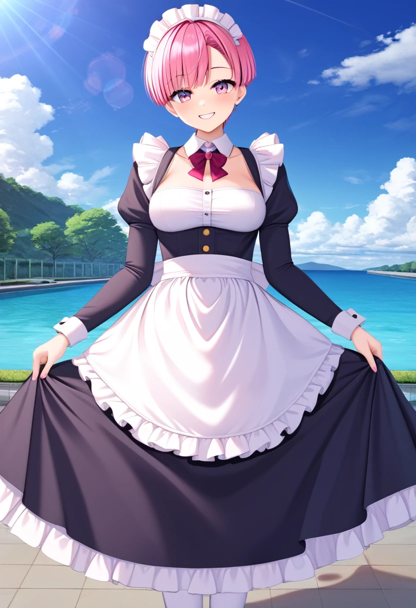 (Highest quality, 4K, 8k, High resolution, masterpiece:1.2), Very detailed, Picturesque, Anime style photo, Photo Anime:1.37)、Sultry warehouse、Japanese、Pink hair pixie cut、smile、Maid clothes、Maid's Cap、whole body、Nakano Ichika