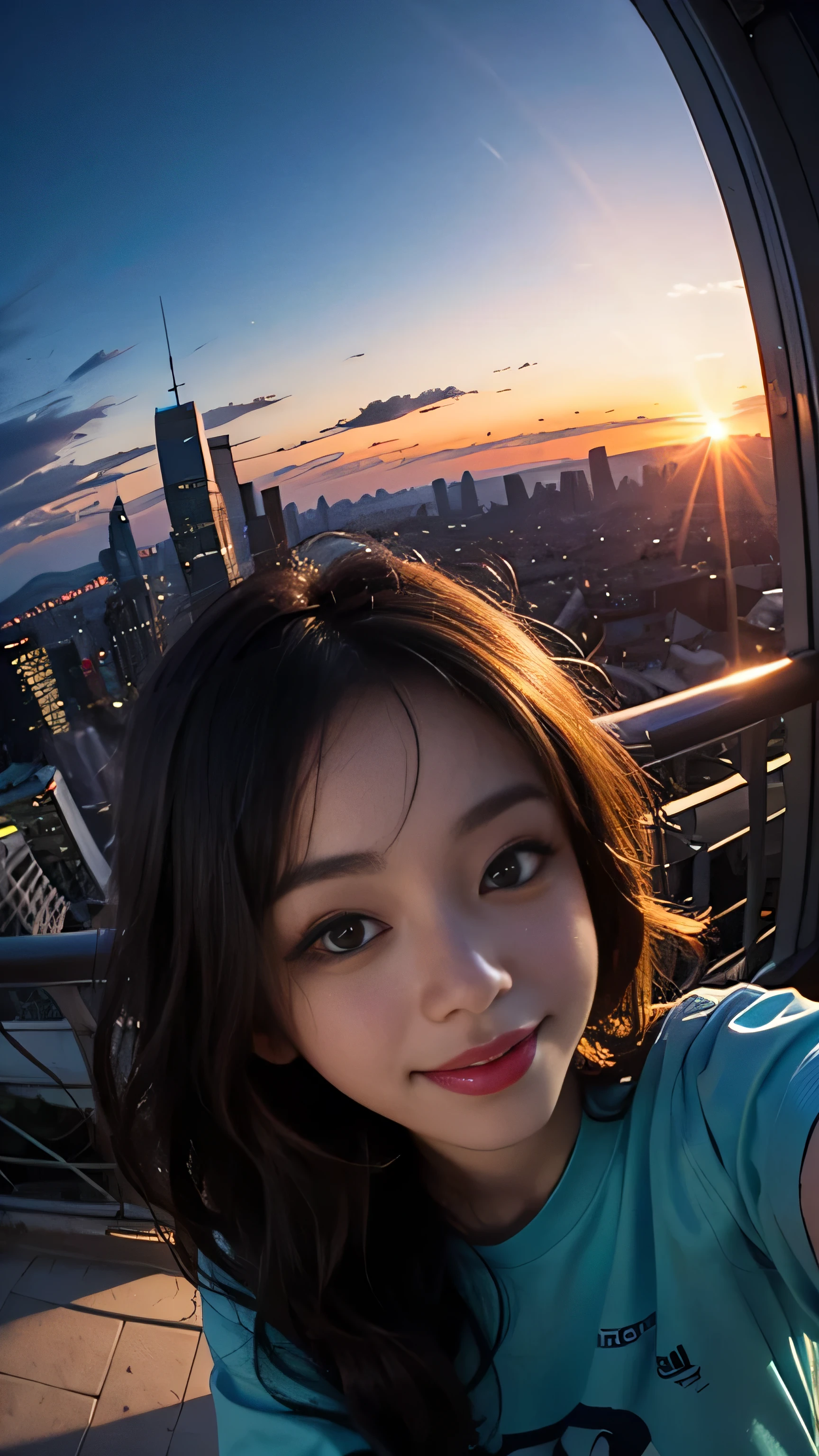 One girl, Korean, Fisheye Lens, Selfie, Wind, Messy Hair, sunset, Cityscape, (Aesthetics and atmosphere:1.2),smile