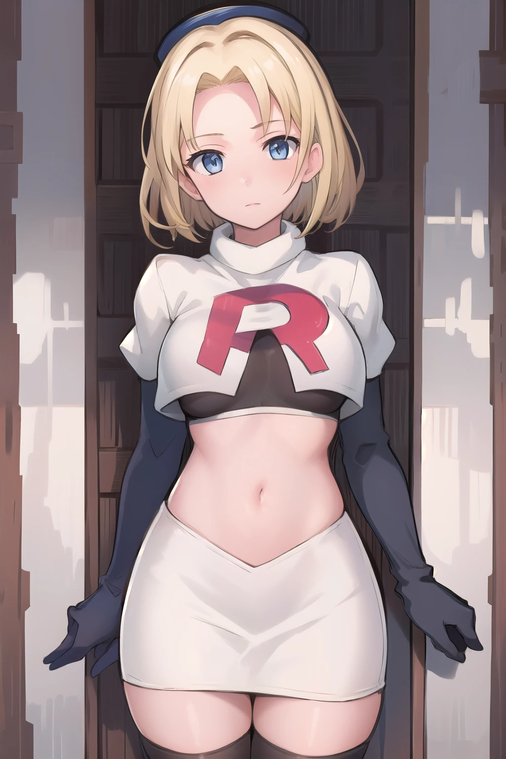 best quality, (masterpiece:1.2), illustration, absurdres, (1girl, solo, beautiful detailed girl),
 Theresia Caroline, short hair, blonde hair, blue eyes, medium breasts,
garrison cap, team rocket,team rocket uniform,white skirt,red letter R,crop top,black thigh-highs,black elbow gloves,
looking at viewer,