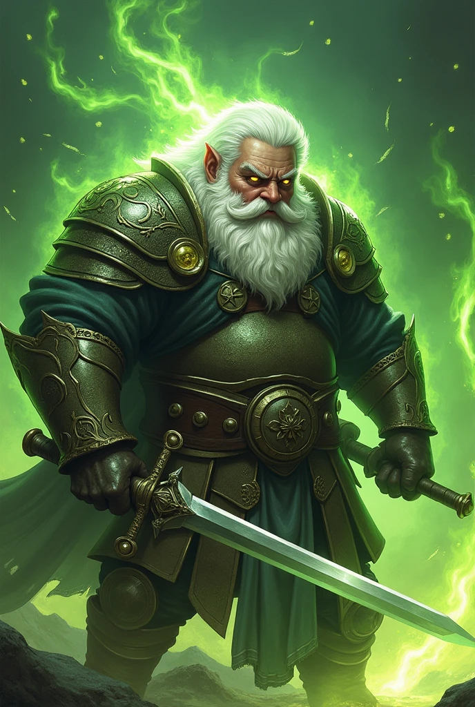 Create a dwarf man with armor, white curly hair, a sword in his mouth, green fire in the background, yellow eye color, with a Jujutsu Kaisen theme.