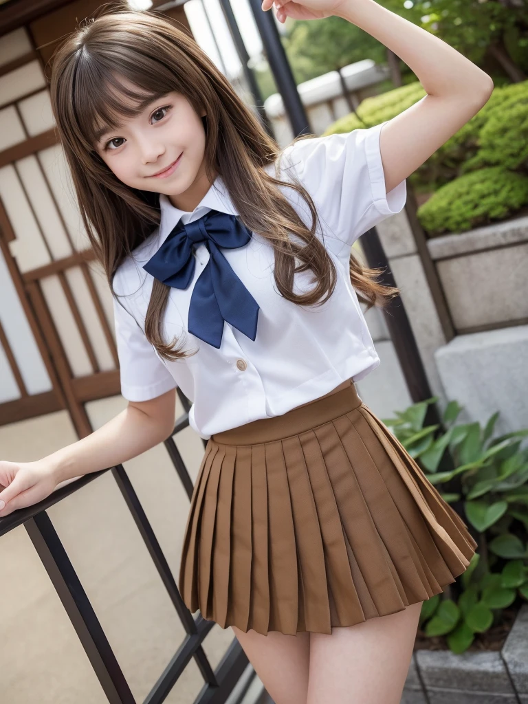 (8k,Highest quality,masterpiece: 1.2),(Realistic, Realistic: 1.37),Very detailed,One person,beauty,cute,Baby Face,smile, One personで,(Nose redness),(smile: 1.15),Beautiful Eyes,Big eyes,Brown eyes,(Brown Long Hair: 1.5),bangs,Floating Hair NovaFrog Style,whole body,(Huge breasts:1.0),(((cute Japan Beautiful Girl))),(Beautiful attention to detail), (Highest quality), (Very detailedな), (masterpiece), (school uniform:1.4),(Micro Pleated Mini Skirt:1.4),(Body like a model),(Long legs)
