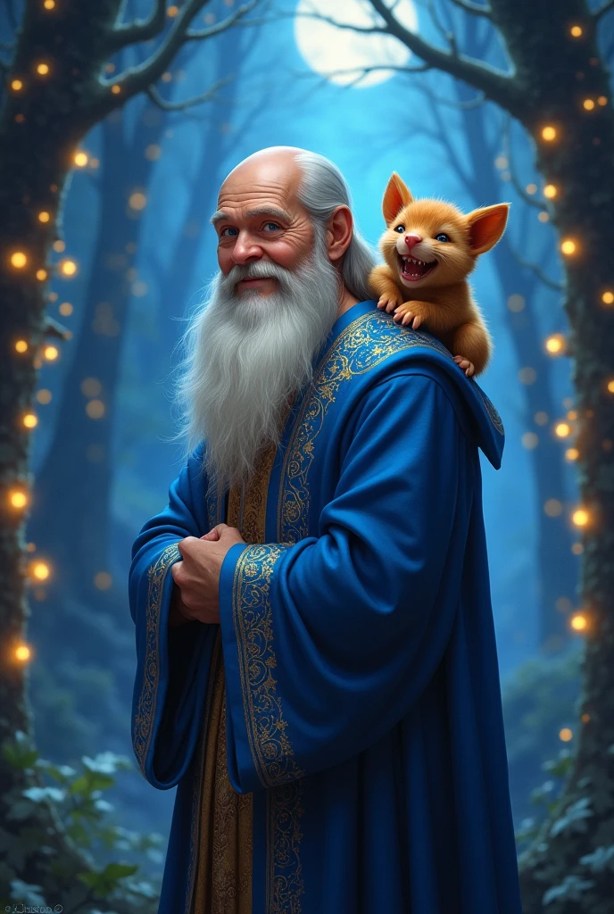 peinture digitale, wizard imberbe vêtu d'une robe bleu et blanc avec un chapeau pointu décoré d'étoile et de paillettes. Un petit coffre Mignon avec des dents et plein de jambes est assis sur son épaule.