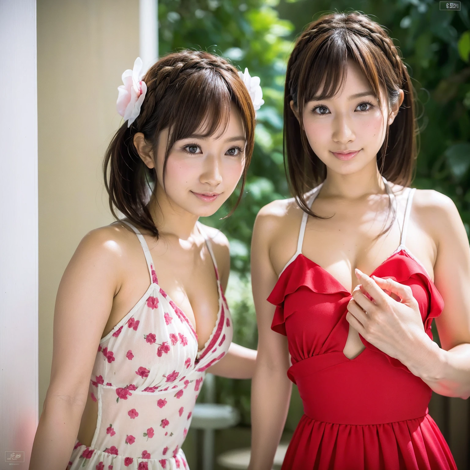 Identical twin sisters exhibition, Medium Shot, Written boundary depth, bust, Upper Body, Movie angle, masterpiece, Highest quality, Very detailed, CG, 8k wallpaper, Beautiful Face, Delicate eyes, Otome, alone, smile, bangs, skirt, shirt, have, Crimson Dress, bow, petal, bouquet