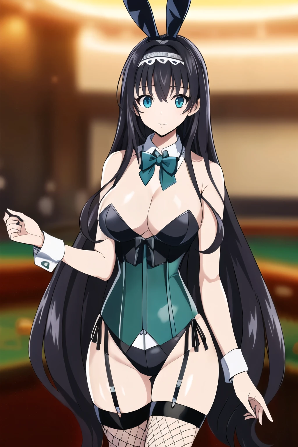 black_hair,length_hair,green_eye,前hair, hairband, (((casino))), (((Fishnet tights))), (((blue corset, high leg, blue Bunny suit, blue bustier, bow tie))), , 1 person, 20-year-old,young woman,beautiful,beautiful length legs,beautiful body,beautiful hip,beautiful character design, perfect eye, perfect face,expressive eye, Center the image,(Light_笑face:0.5), Official Art,Very detailed CG ユニティ 8k 壁紙, perfect Lighting,Glowing Skin, (masterpiece:1.0),(Highest_quality:1.0), 超High resolution,4K,Very detailed, 8k, High resolution, High resolution, Absurd:1.2, 400 for Kodak Port, Film Grain, (beautiful,big_chest:1.0), (beautiful_face:1.5),(narrow_Waist)(Long and thin_foot) 