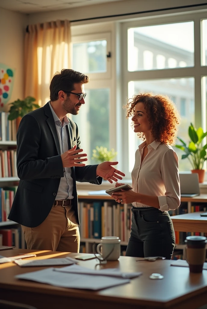 Male and female university professors talking in their classroom 