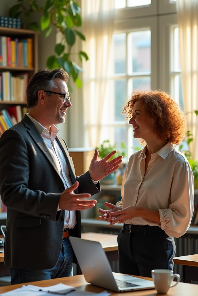 Male and female university professors talking in their classroom
