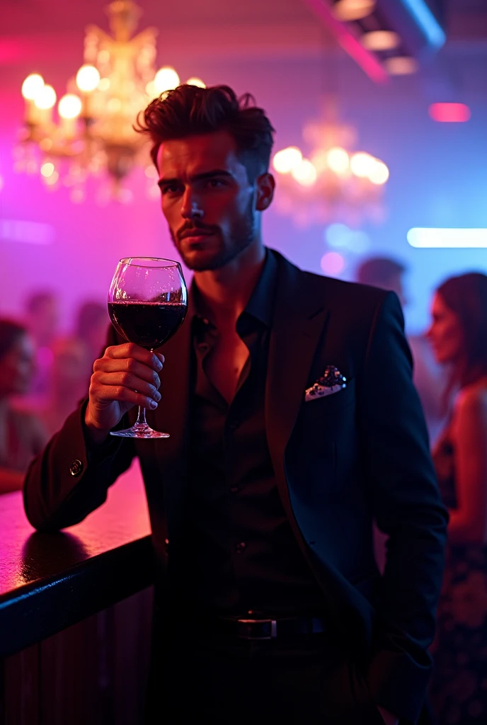 A handsome man drinking wine at a nightclub