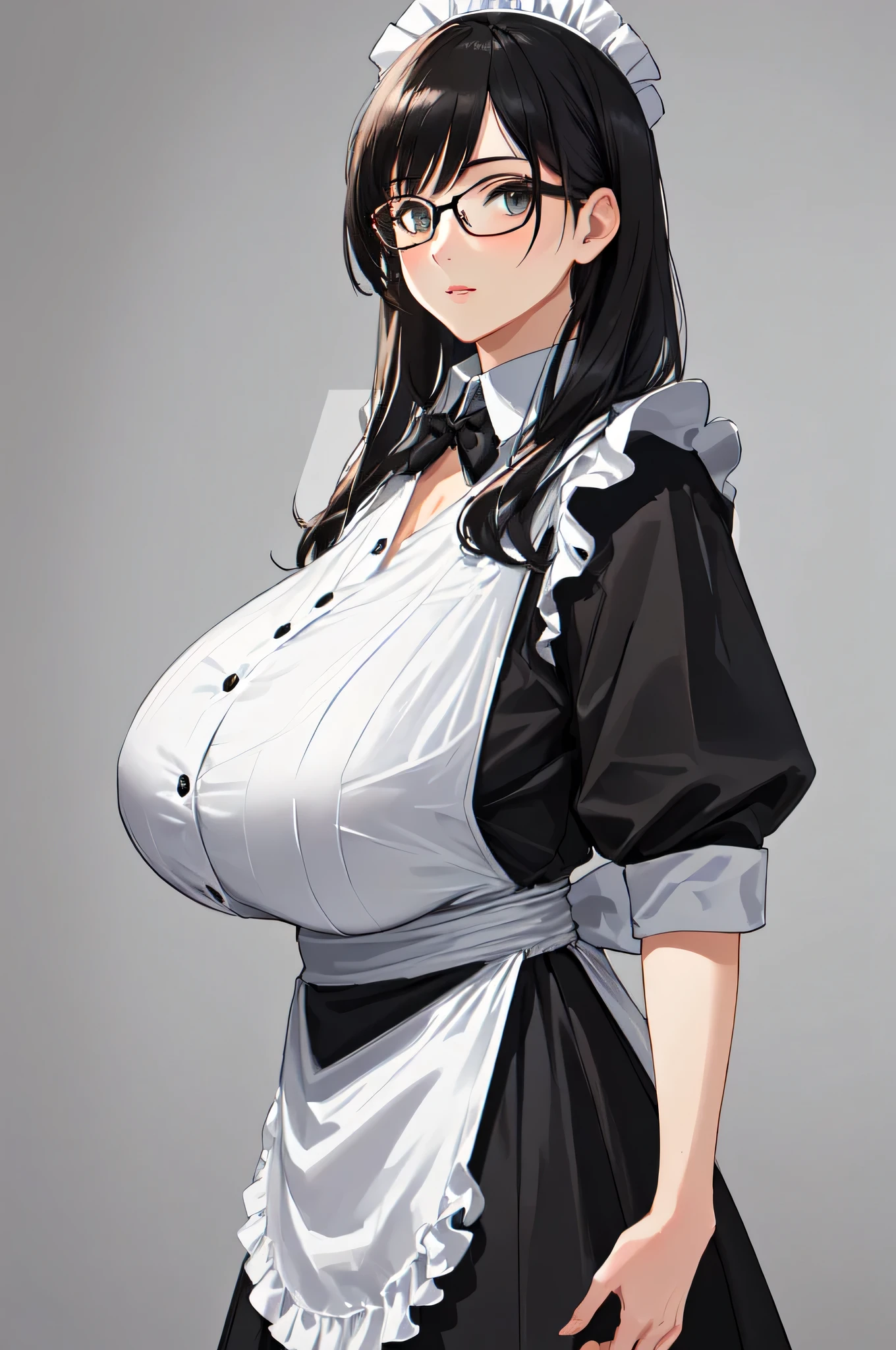 {{work of art}},high qualiy, 4K, 2d, 1 girl,{simple grey background},(attractive mature lady:1.5),milf,standing,sagging breasts,(gigantic breastss:1.5),housekeeper,front face,{{tareme}},attractive mature lady,Bblack hair, {to the right in front of the face and body},See spectators from the front,{frontal photo},wear glasses,(Seriously:0.1)