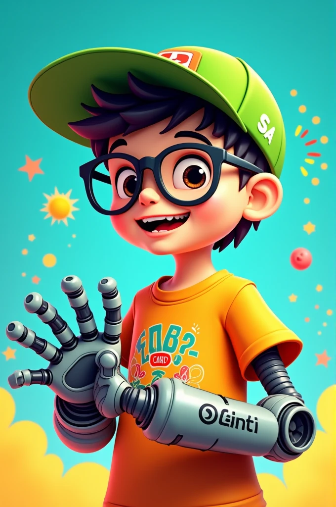 He has a logo with a kid with a robot arm, a green cap and an orange shirt with glasses and the name Santi. 