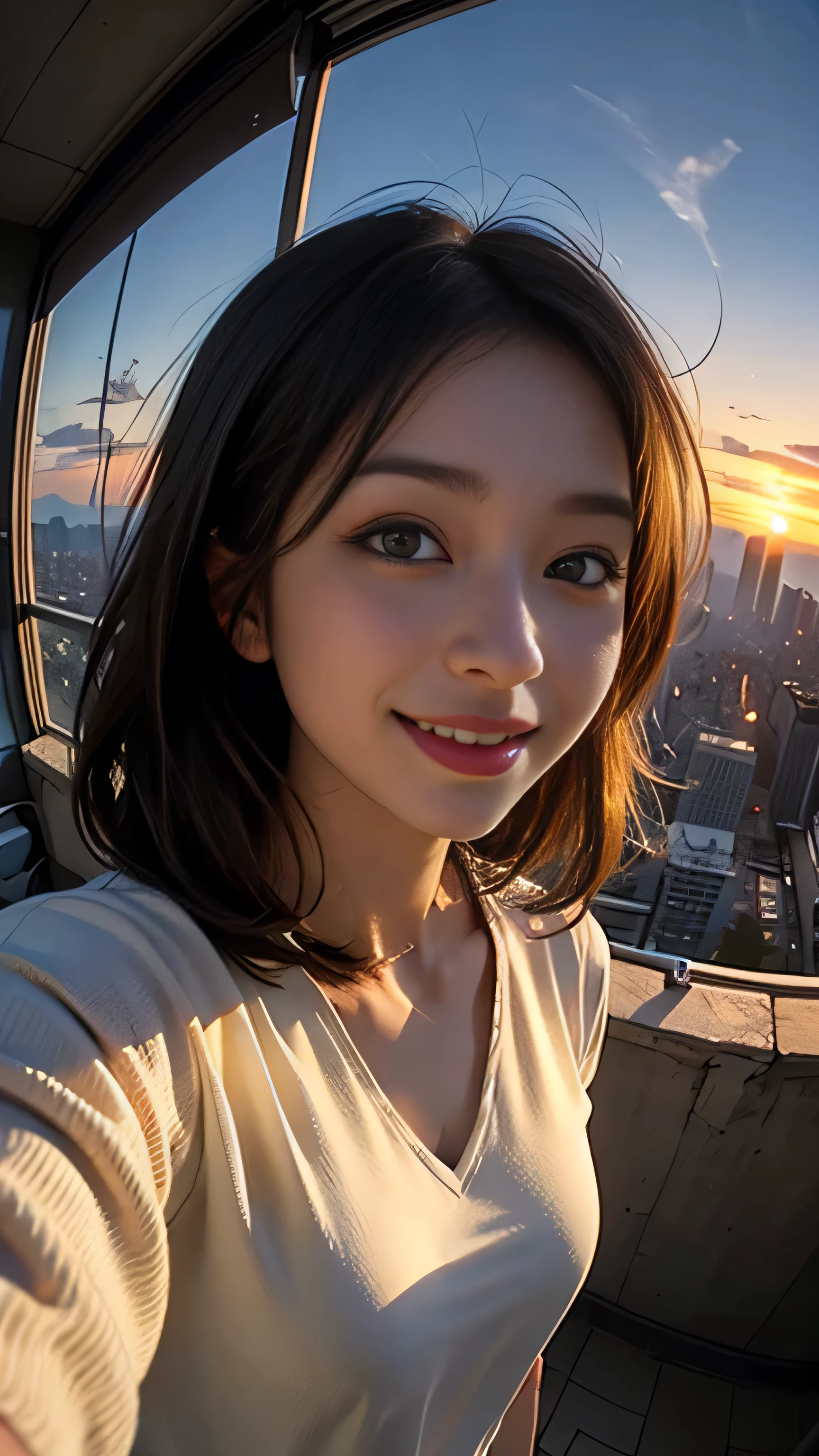 One girl, Korean, Fisheye Lens, Selfie, Wind, Messy Hair, sunset, Cityscape, (Aesthetics and atmosphere:1.2),smile
