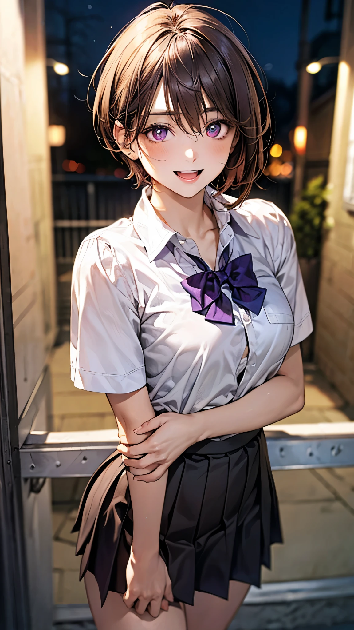 (masterpiece:1.2, highest quality), (realistic photo:1.4), beautiful illustrations, (natural side lighting, movie lighting),
beautiful hair, beautiful face, detailed and beautiful eyes, beautiful clavicle, beautiful body, beautiful breasts, beautiful thighs, beautiful feet, beautiful fingers,
looking at the viewer, 1 girl, high school girl, (perfect anatomy, anatomically correct, super detailed skin), cute symmetrical face, baby face, perfect face, perfect eyes,
(short hair, pixie cut hairstyle, red brown hair), hair between eyes, gold eyes, big eyes, long eye lasher, (medium breasts, seductive thighs), perfect body, shiny skin, slender,
(detailed cloth texture, break short sleeve light grey collared shirt, break dark purple pleated skirt, dark purple bow tie), break
(beautiful scenery), night, (school yard;1.2), standing, break (own hands together), break (happy smile, open mouth, feeling of satisfaction),