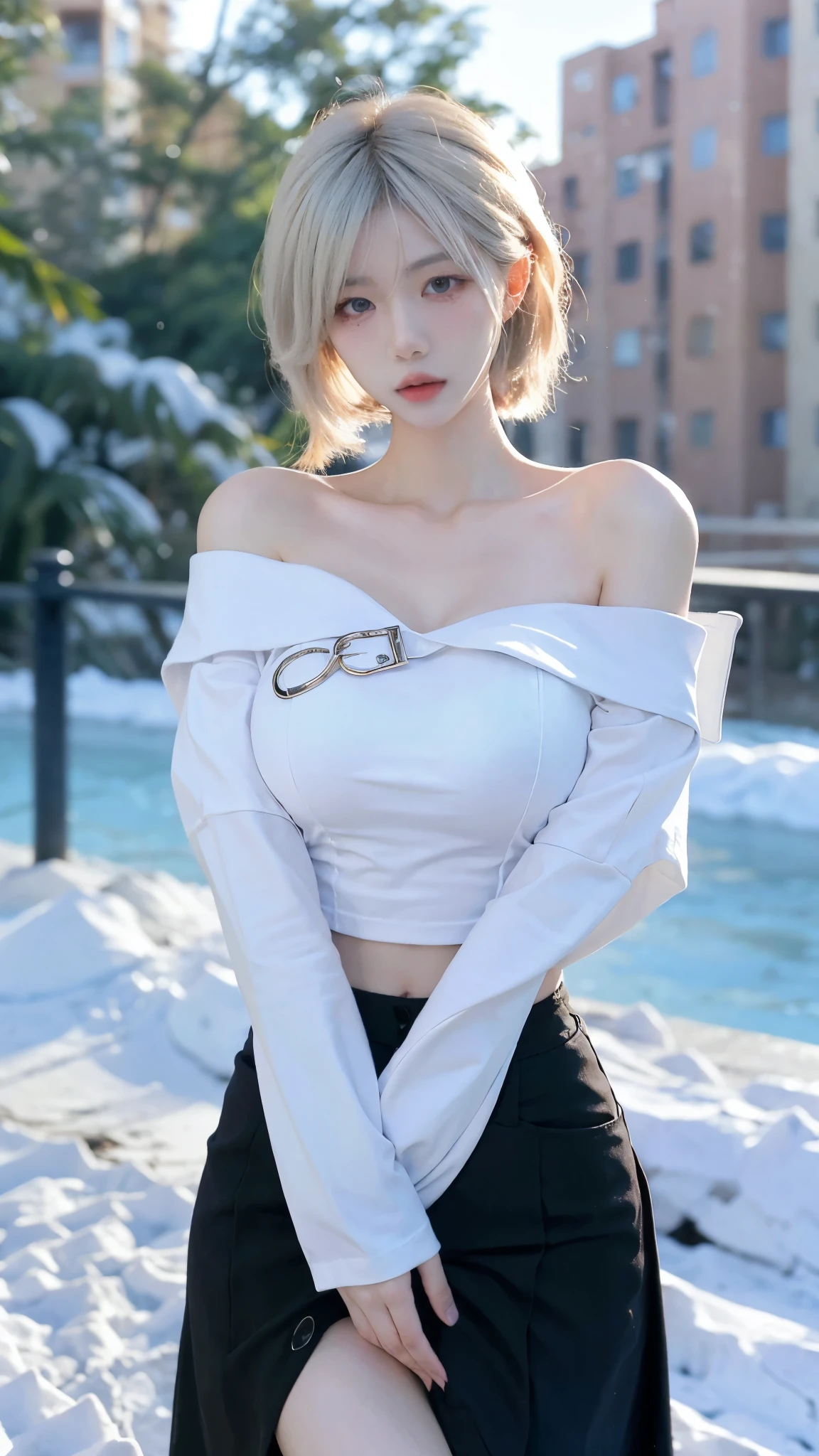 Beautiful woman with perfect figure:1.4,snow,Touching butt with both hands,snow background,Layered Hairstyle,White skin,Prominent cleavage,Pleated Skirt,whole body,Very delicate face and skin texture,Double eyelids,Skin Whitening,Long white hair