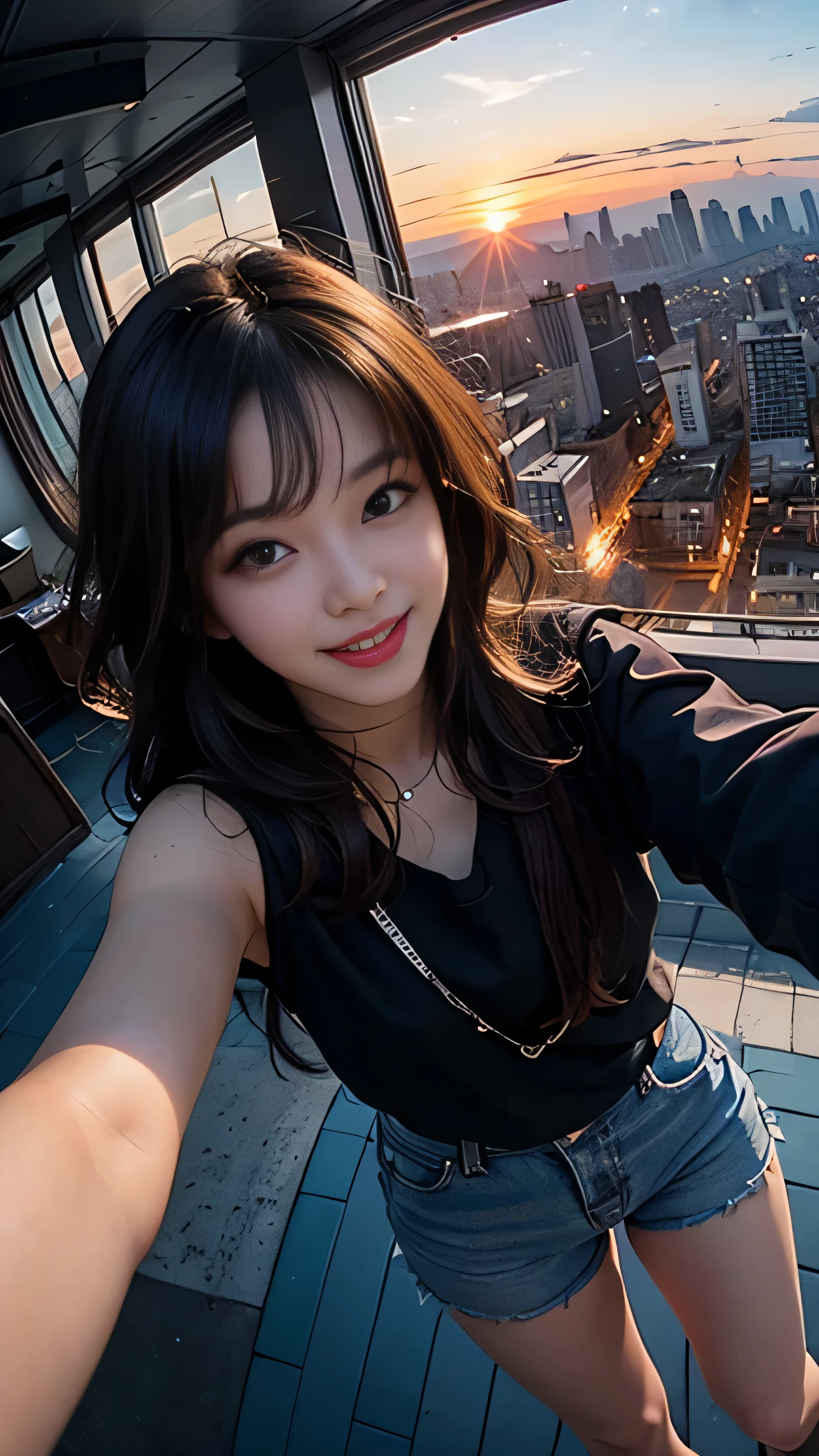 One girl, Korean, Fisheye Lens, Selfie, Wind, Messy Hair, sunset, Cityscape, (Aesthetics and atmosphere:1.2),smile