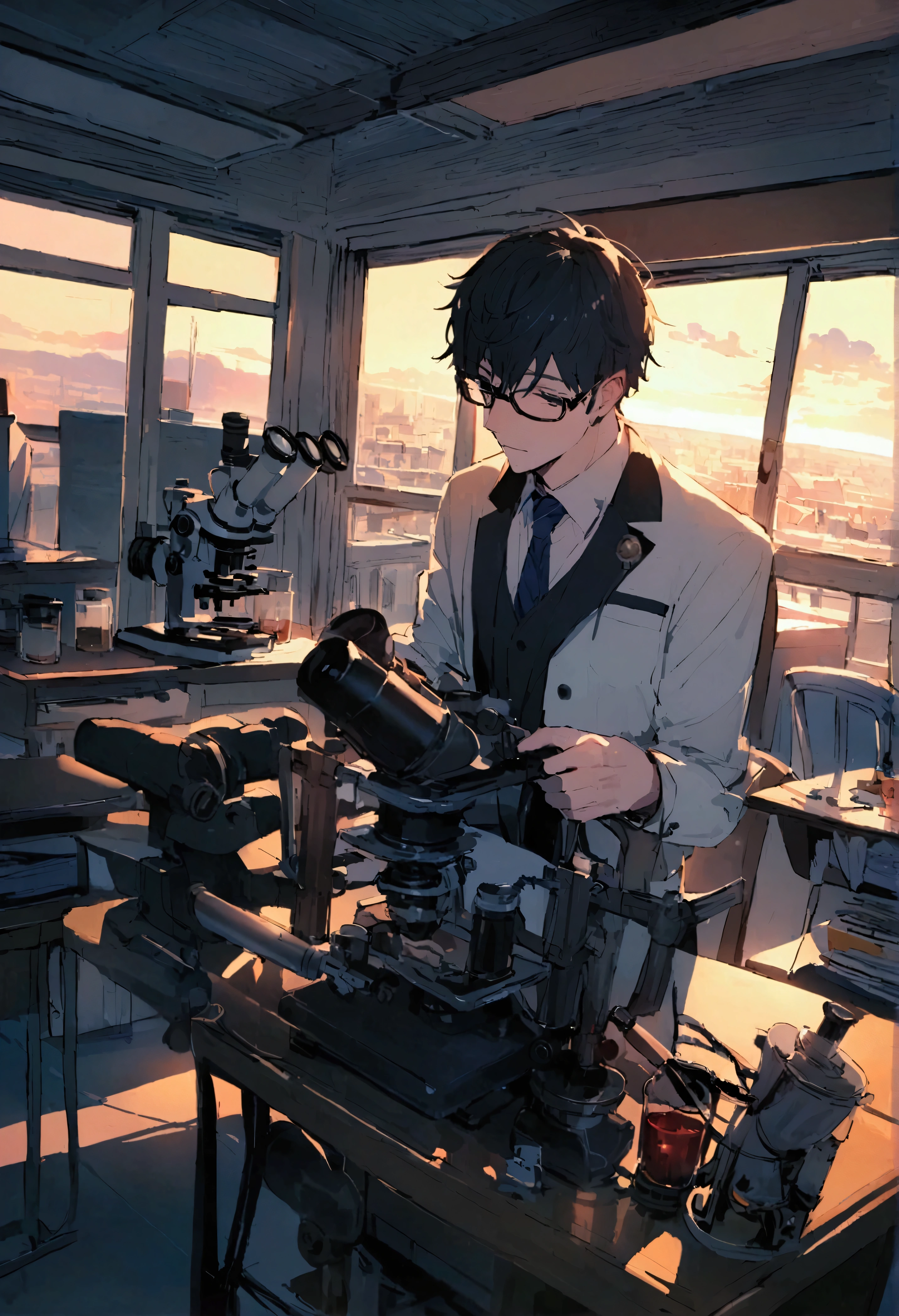 Glasses，anime beautiful boy，Science student，Club classroom after school，scientific societies，scientific research，Classroom at dusk，Microscope，equipment