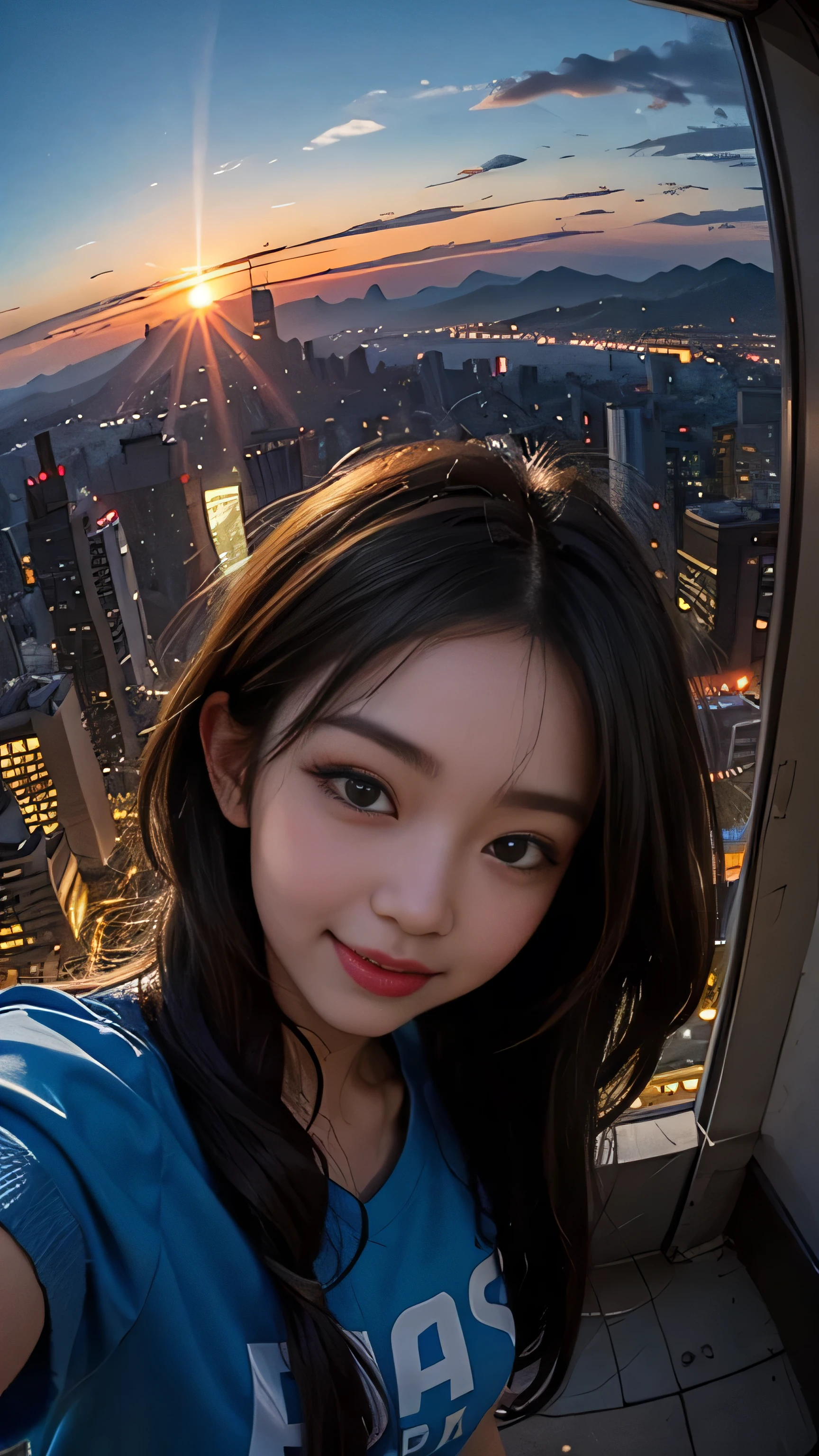 One girl, Korean, Fisheye Lens, Selfie, Wind, Messy Hair, sunset, Cityscape, (Aesthetics and atmosphere:1.2),smile