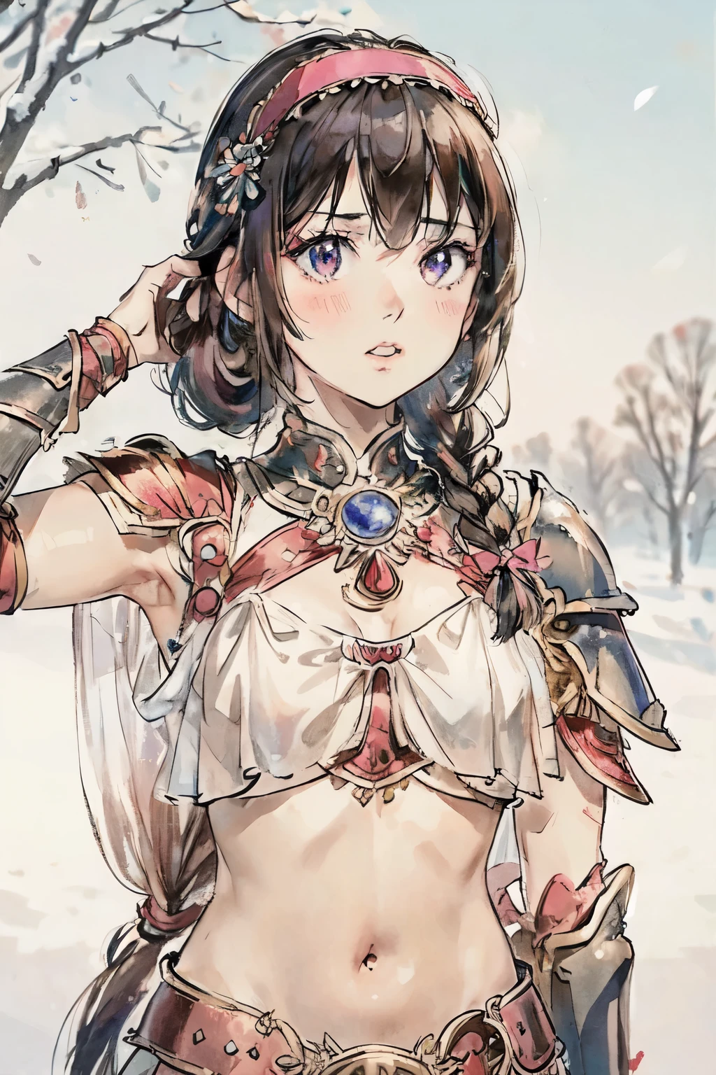 lapis fe, 1girl, solo, looking at viewer, blush, bangs, gloves, upper body, braid, hairband, outdoors, parted lips, sky, day, hand up, pink eyes, armor, tree, covered navel, blurry background, hand on own chest, shoulder armor, side braid, breastplate, red armor