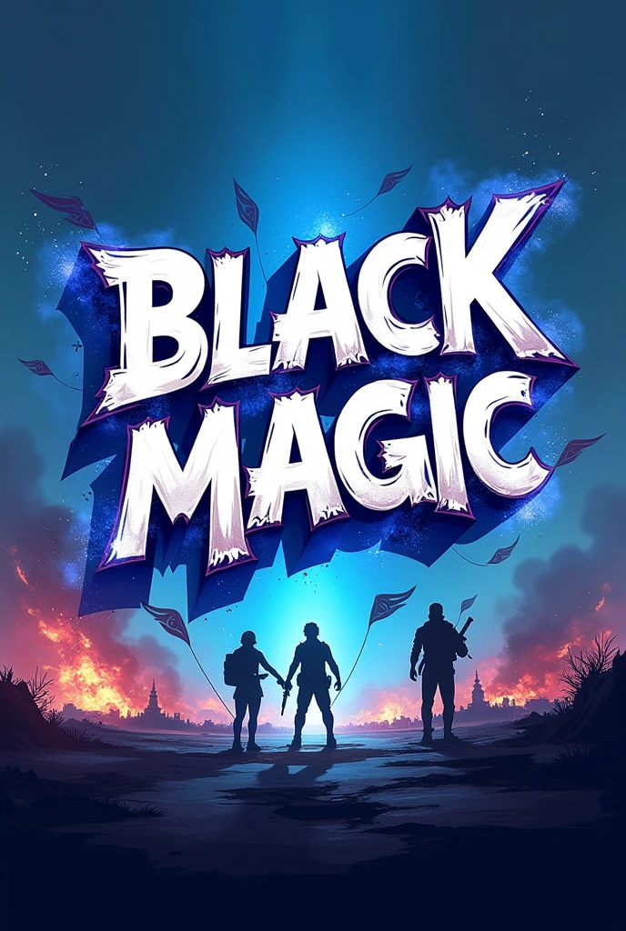escrita Black Magic em cores branco e azul Royal tema free fire
