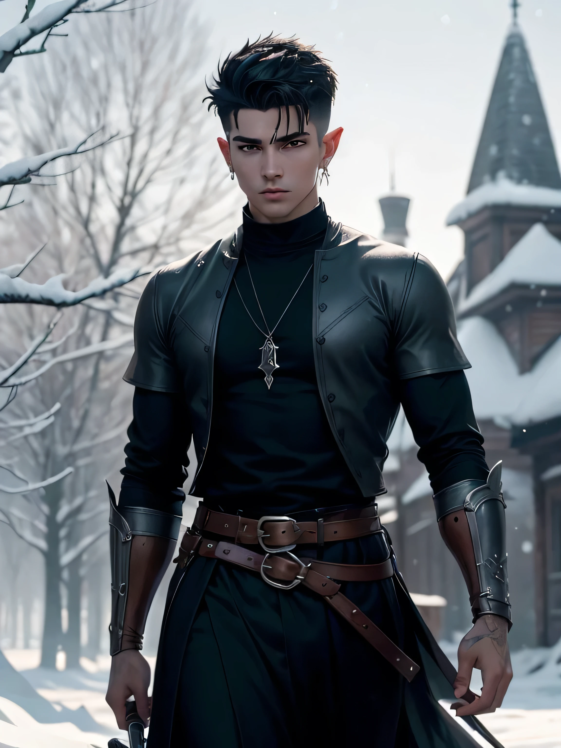 an 18-year-old elf, pintado no estilo arcano e com uma estética inspirada em demon Slayer + He is a handsome man with short black hair shaved on the sides + He is wearing a black shirt and dressed in a light, medieval-style outfit. + He has two swords on his back + The portrait captures his beautiful and firm appearance + SMOOTH FACE + with snow-covered trees in the background + O estilo é inspirado por Kris de deltarune + apresenta uma arte de personagem de d&d + He has silvery gray eyes and delicate pointed ears + Directed by Tyler Jacobson, with vibrant colors and a snowy background