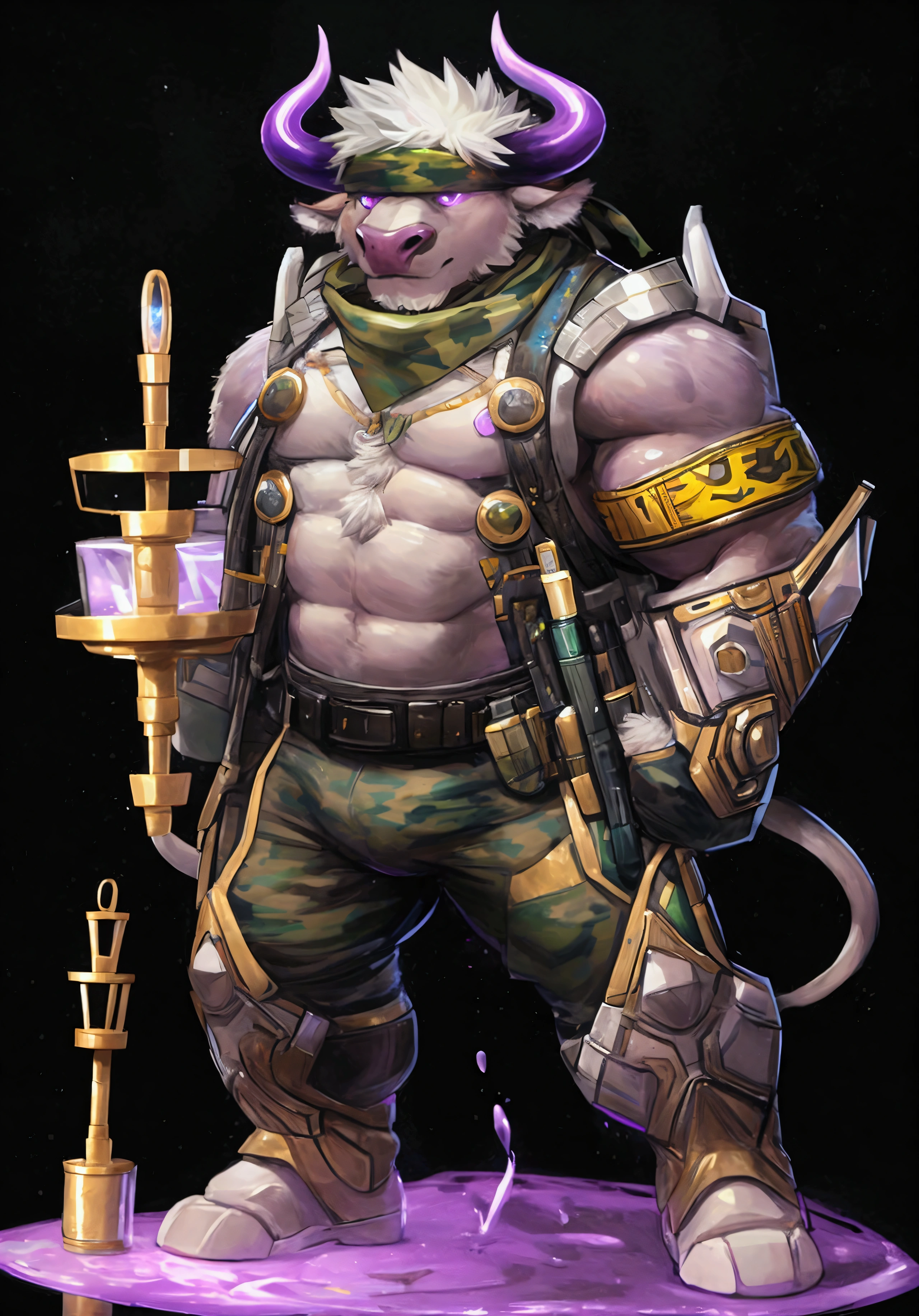 The image shows a muscular, furry, anthropomorphic bull in military fatigues holding a large, golden syringe. The bull has purple horns, a camouflage bandana, and a yellow armband that reads "Chemical research," which translates to "Chemical Research." The bull is standing against a black background and the syringe is the focal point of the image.  The image is likely related to a fantasy or science fiction setting where the bull character is a scientist or soldier.