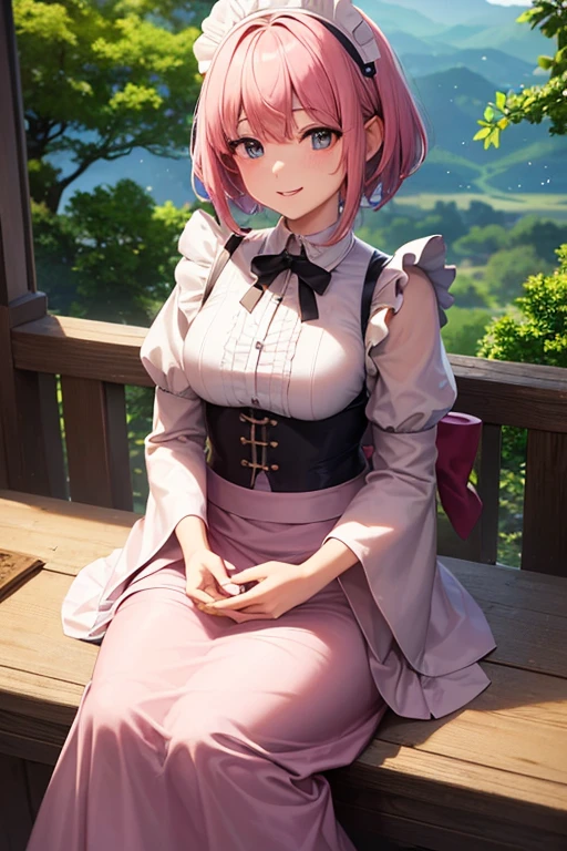 (Highest quality, 4K, 8k, High resolution, masterpiece:1.2), Very detailed, Picturesque, Anime style photo, Photo Anime:1.37)、Japanese、Pink pixie cut、smile、Maid clothes、Maid&#39;s Cap、whole body、Nakano Ichika