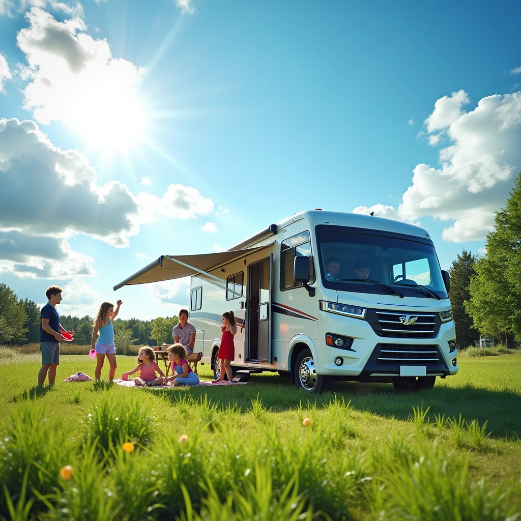 (Photograph of Recreational vehicle:1.37), fun family camping scenes, sunny day, blue sky, best quality, 8k, high resolution, detailed,