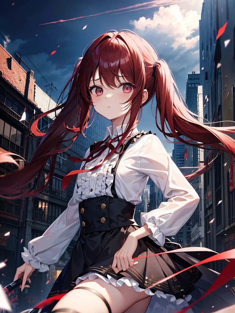 One person, Long Hair, bangs, Patsun,重めbangs,Twin tails,
The chest is a little,Red Hair,magic少女,Ruined Building Background,Expressionless
,Dark Sky,Voluminous frilled clothing,Decoration on hair,magic,
Overall, it gives off a dark impression.,Straight face,force,Disheveled Hair,Glare,No light